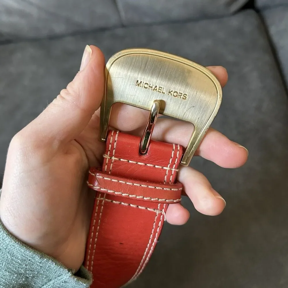 Vintage Y2K Michael Kors Womens Red Genuine Leather Belt Gold Buckle 33”
